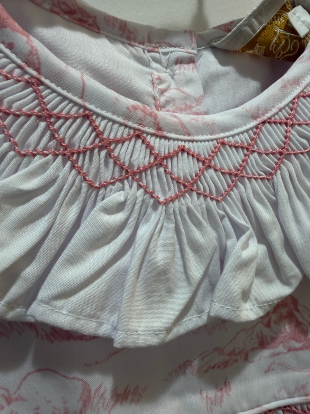 White Romper with Pink Toile Print and Ruffle Collar - Picture 4 of 6